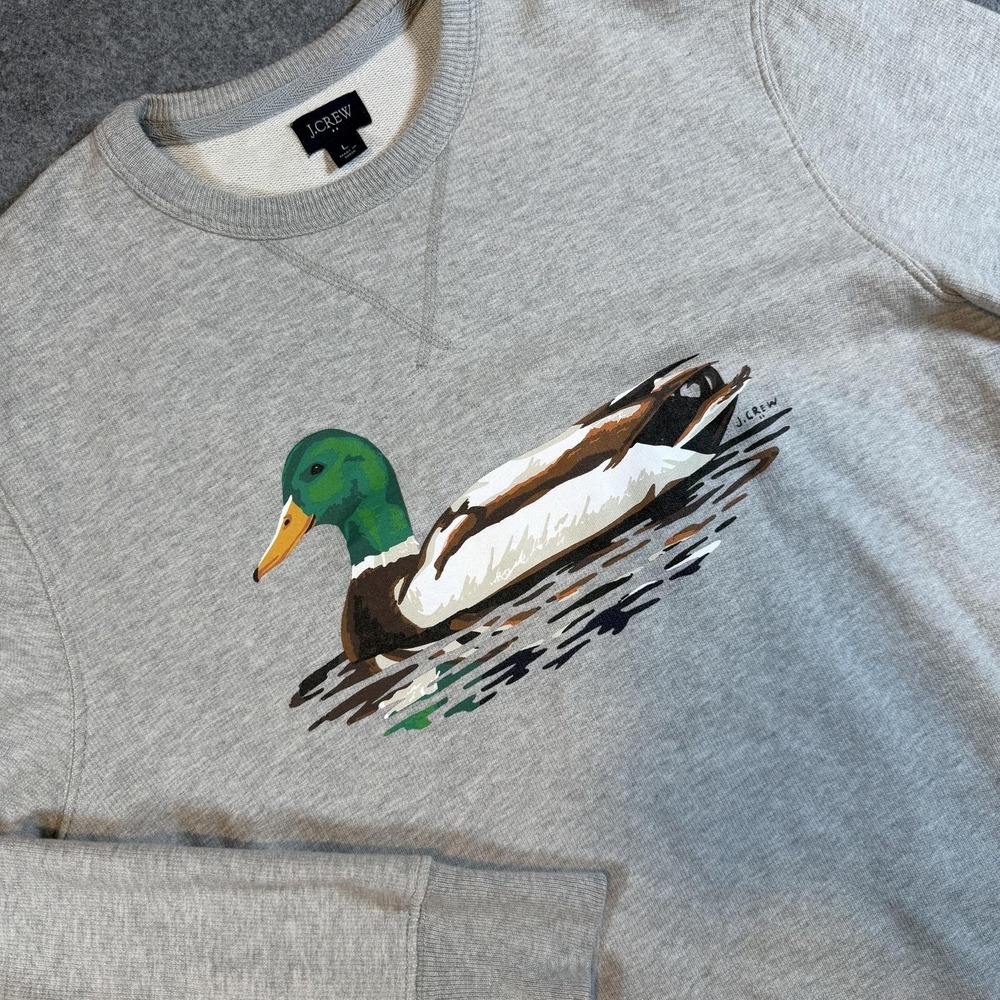 J.Crew Sweatshirt Mens Large Gray Mallard Duck Graphic Crewneck Pullover Cotton